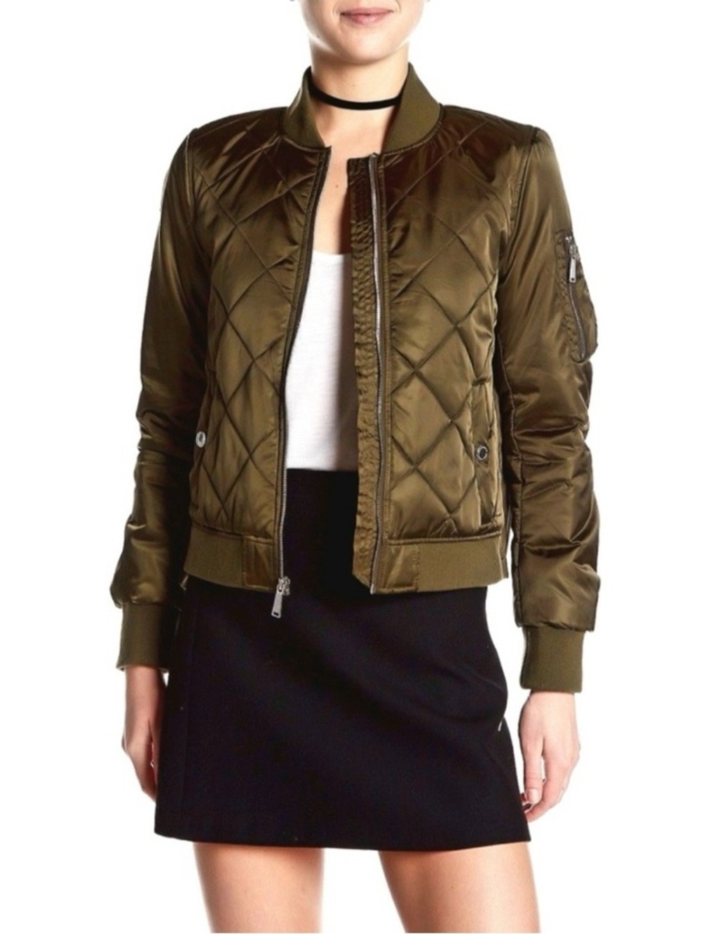BCBGeneration Olive Green Quilted Satin Bomber Jacket Size Medium